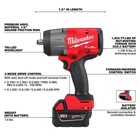 Milwaukee Tool 2967-21B Milwaukee M18 FUEL 1/2 in. High-Torque Impact Wrench with Friction Ring ...