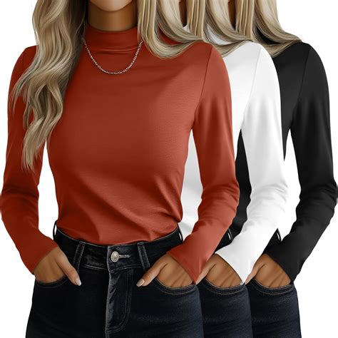 3 Pack Women's Mock Turtleneck Shirts, Long Sleeve Mock Neck Pullover ...
