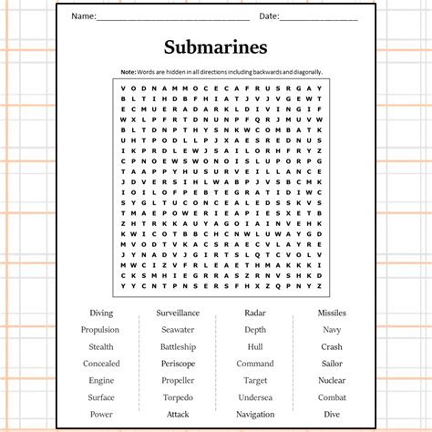 Submarines Word Search Puzzle Worksheet Activity PDF – PrintableBazaar