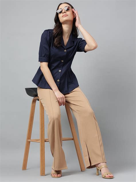 Women Navy Solid Pure Cotton Regular Fit Formal Shirt