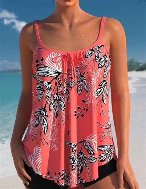 Leaf Print Coral Red Bowknot Tankini Top Only Size - XL | Property Room