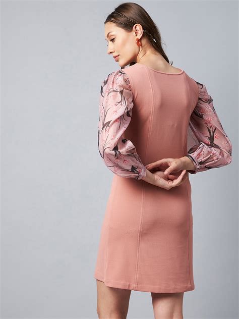Women's Pink BodyCon Dress with Digitally Printed Organza Sleeve ...