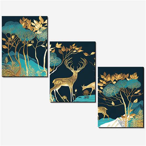 Kotart Green and Golden Deer Paintings Wall Art MDF Panel Painting for ...