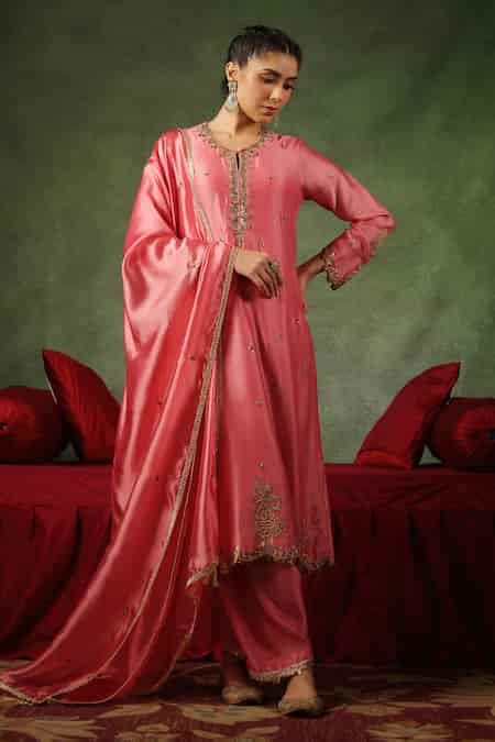 Buy Pink Chanderi Silk Embroidery, Sequins, Ambi Buta Zardozi Kurta And ...