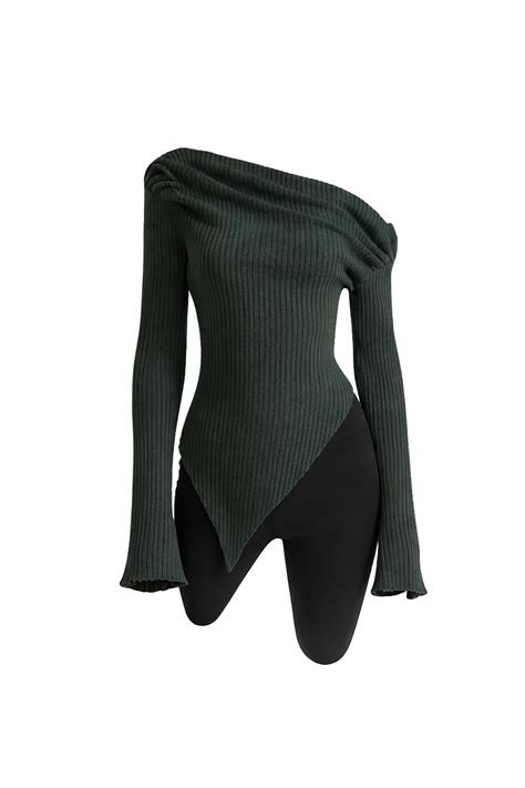 Buy Women’s Off Shoulder Ribbed Knit – Asymmetric Hem Long Sleeve ...