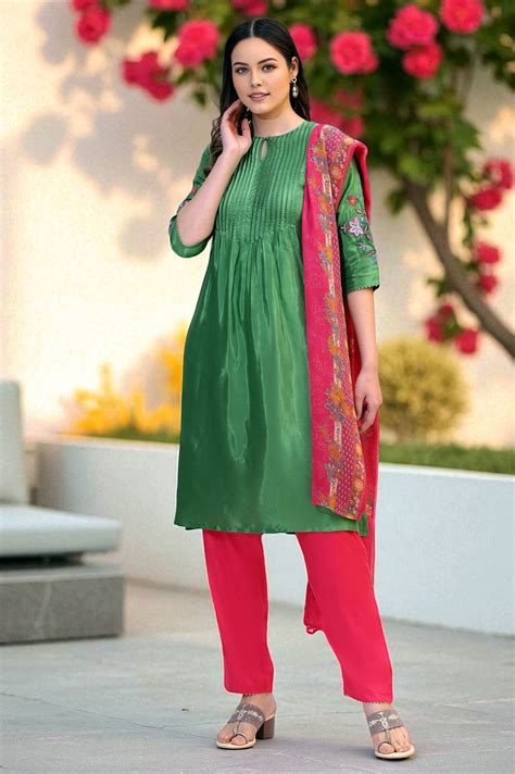 Forest Green Embroidered Shantung Kurta, Pants and Dupatta Set – wforwoman