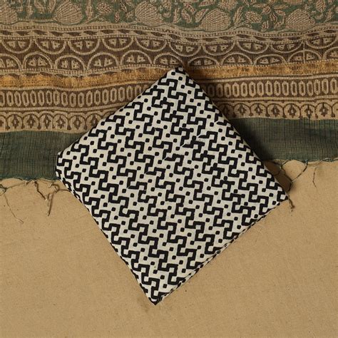 Green Natural Dyed Bagru Block Print Cotton 3pc Unstitched Dress Material