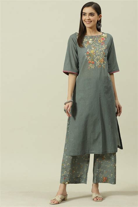Grey Printed Cotton Straight Kurta Palazzo Suit Set