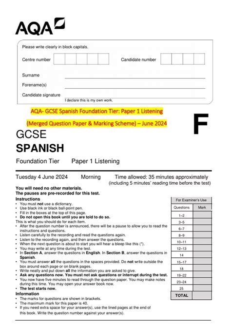 AQA- GCSE Spanish Foundation Tier: Paper 1 Listening (Merged Question ...