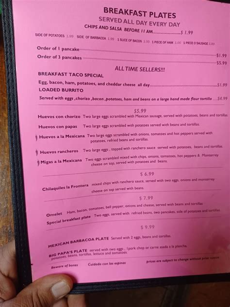 Menu at La Frontera restaurant, Santa Fe