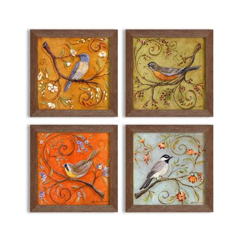 Painting Mantra - Multicolor Jardine Birds Set of 4 Brown Framed ...