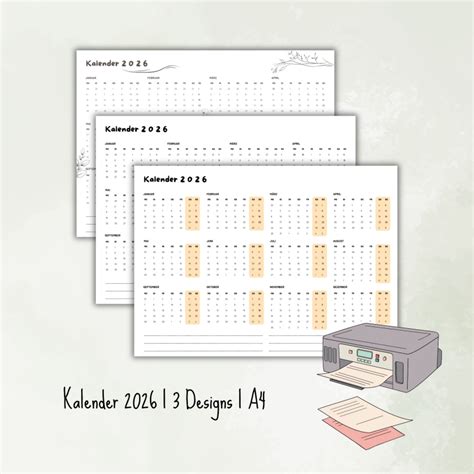 Kalender 2026 A4 zum Ausdrucken - Kalendervorlage Jahreskalender ausdrucken