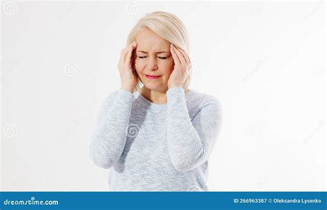 Banner Women Hormonal Headaches. Closeup Middle Aged Woman with Menopause Migraines Isolated on ...