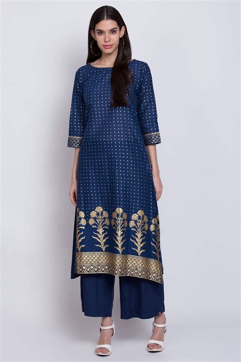 Navy Blue Cotton Straight Printed Kurta at Biba India