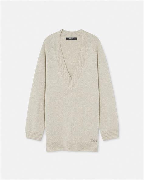 Oversized Wool-Cashmere Long Sweater Beige | VERSACE TH