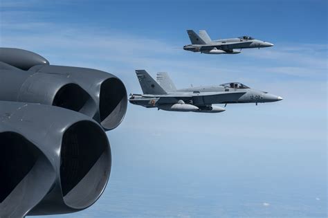 Fighter jets EF-18 Hornets from the Spanish Air Force escorted B-52H ...