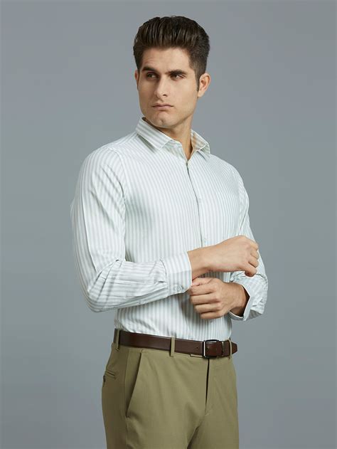 White & Green Dobby Stripe 100% Cotton Slim Fit Formal Full Sleeve Shi