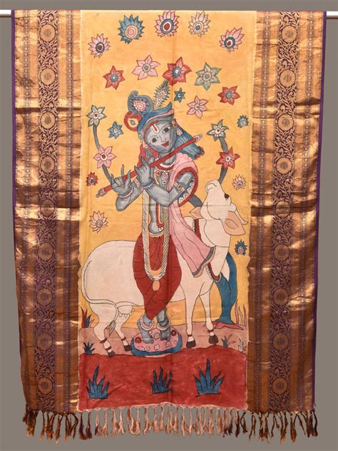 Yellow and Purple Kalamkari Hand Painted Kanchipuram Silk Handloom Dup ...
