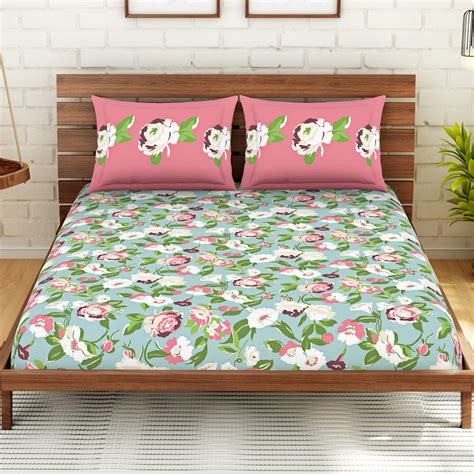 Buy SPACES Atrium Plus Blue Floral Printed Cotton Queen Bedsheet Set ...