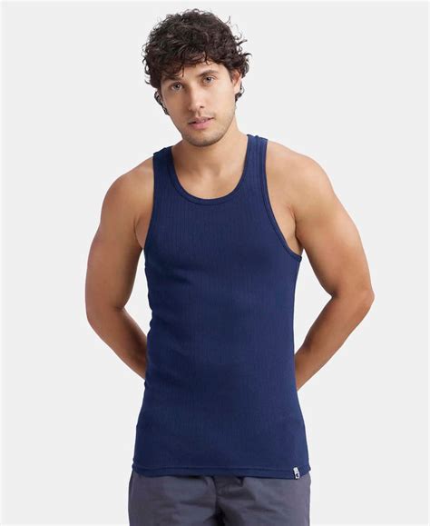 Buy Super Combed Cotton Rib Round Neck with Racerback Gym Vest - Navy ...