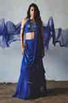 Buy Blue Chiffon Sequins, Embroidery, Fabric Printed Pre-draped Saree ...