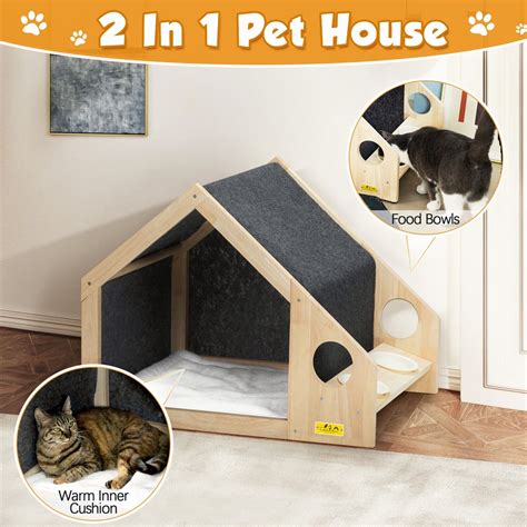 Buy Indoor Dog House Wood Pet House with Bed Pad and 2 Plastic Dog ...
