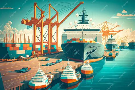 Premium Photo | Wide sea berth in cargo port with cranes and moored vessels