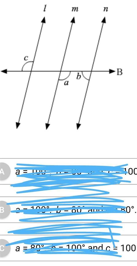 What is the measure of a, b and c in the given figure, if l || m || n ...