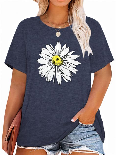 XCHQRTI Daisy Graphic Plus Size Women's Tshirt, Oversized Casual Tee ...