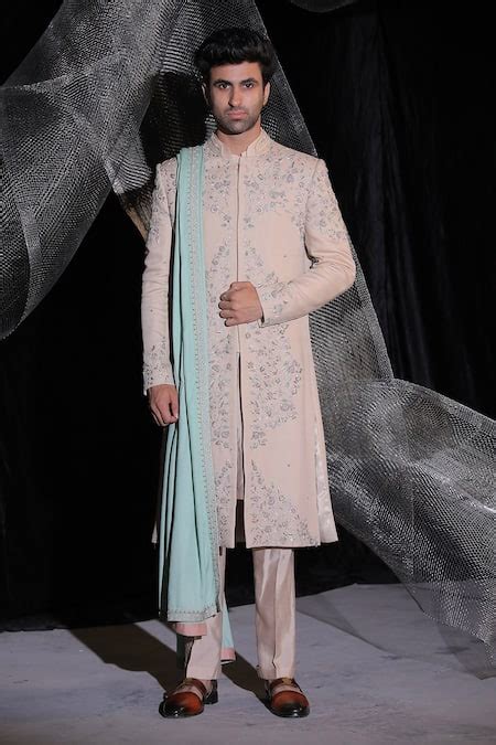 Buy Beige Zeera Moss Sherwani Embroidery Resham And Dabka Work Set For ...