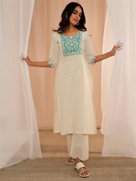 Buy Off White Embroidered Cotton Straight Fit Palazzos Online at Rs.839 ...