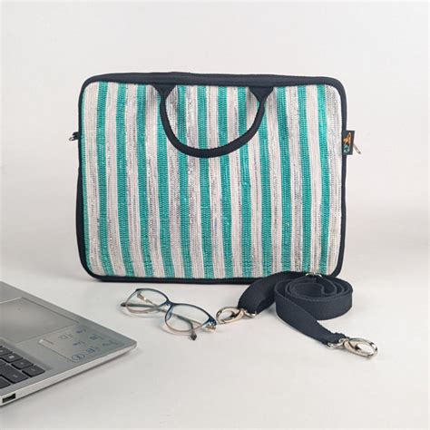 White and SIlver with Turquoise Stripes Upcycled Handwoven Laptop Slee ...