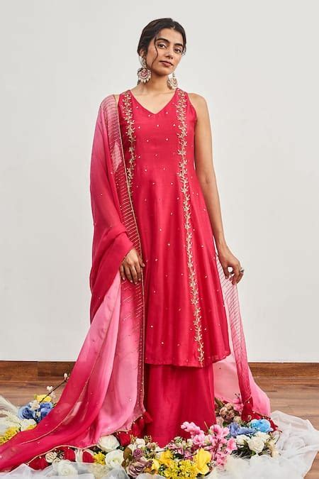 Buy Pink Chanderi, Satin Organza, Lining Buttercrepe And Embroidered ...