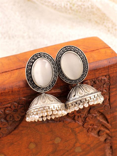 Stylish Oxidised Silver Jhumkas with Crystals Bead