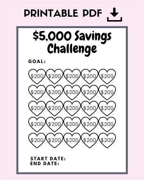 5000 Dollar Heart Savings Challenge – Printable Tracker (PDF) - Etsy
