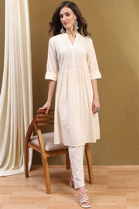 Buy Ecru Cotton Solid Pleated A-Line Kurta Online at Biba India