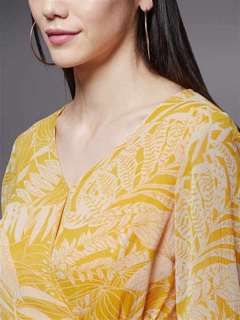 Yellow Floral Printed Full Sleeves Fit and Flare Maxi Dress for Women
