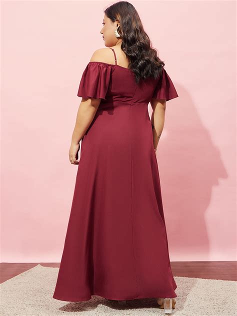 Women Plus Size Solid Maroon Off-Shoulder Neck Cold-Shoulder Sleeve ...
