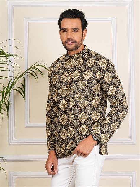 Black and Brown Ajrak Printed Short Kurta For Men – Jaipuri Stitch