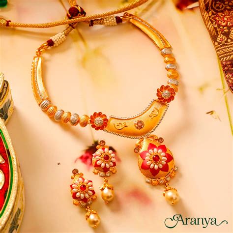 Buy Long Gold Detailed Flower Necklace Set Online | Long Gold Detailed ...