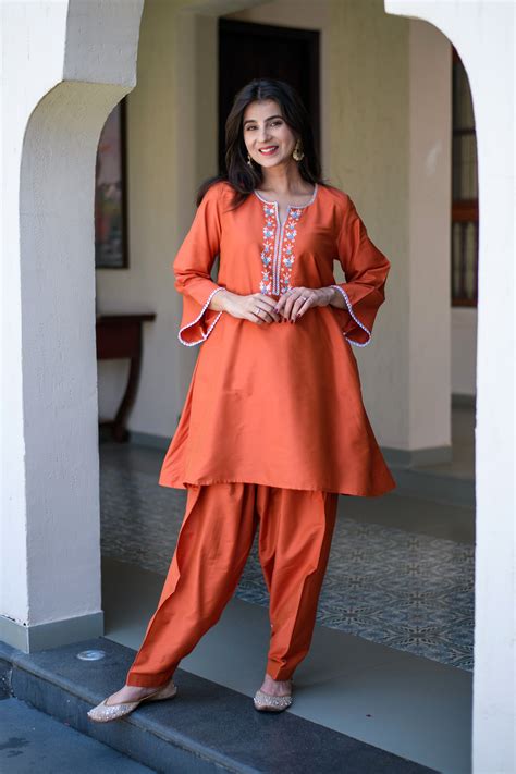 Buy online in India | Orange Short Kurta Embroidery Co-Ord Set | Label ...