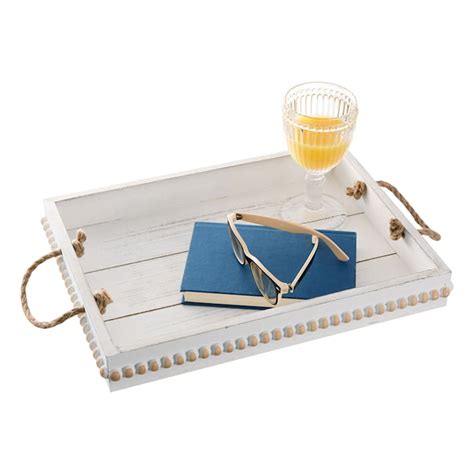 White Wooden Decorative Tray with Rope Handles, 16x13