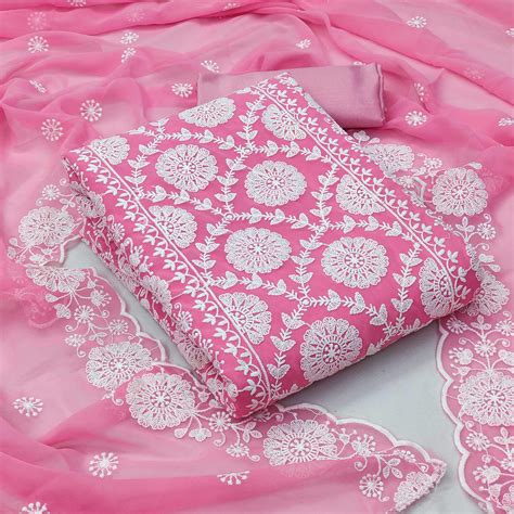 Pink Floral Embroidered Georgette Dress Material