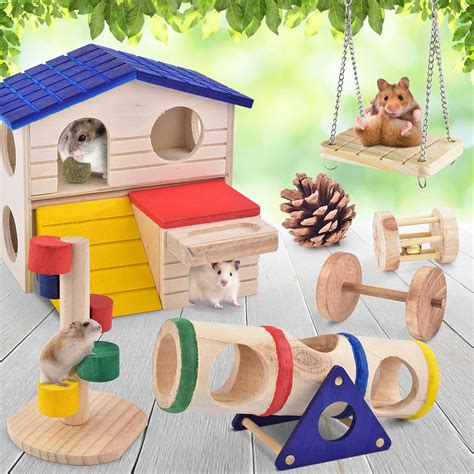 ERKOON Dwarf Hamster Hideout House Natural Wooden Gerbil Toys Molar ...