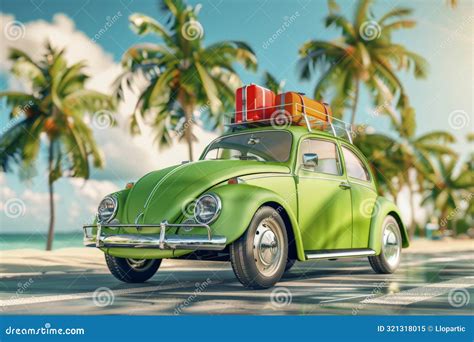 Classic Green Volkswagen Beetle Parked Under Palm Trees with Luggage on ...