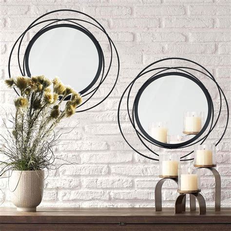 2 Set 15.7'' Black Circle Mirrors Wall Decor Iron Frame Mirrors Wall ...