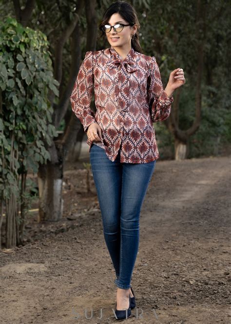 Classy Georgette Boroque Print Shirtwith Bow Tie Neck Pattern – Sujatra