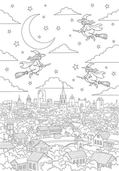 Hocus Pocus Salem Skyline Coloring Page with Witches