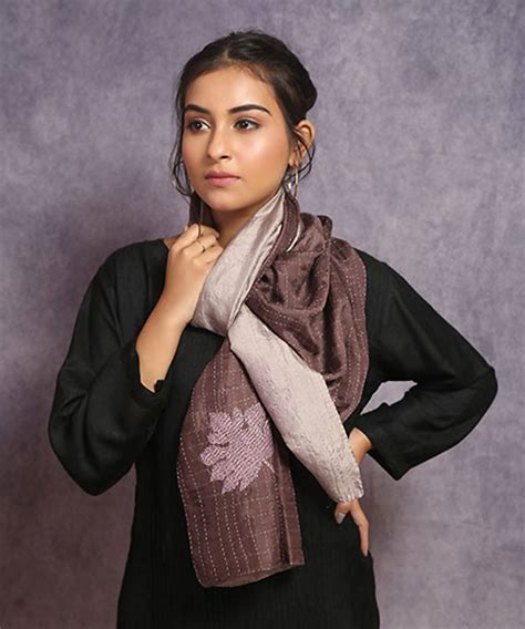 Beige brown hand embroidery reversible silk stole – GoSwadeshi