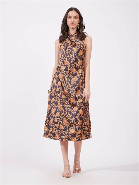 Buy Gold And Black Satin Midi Floral Dress Online | FableStreet